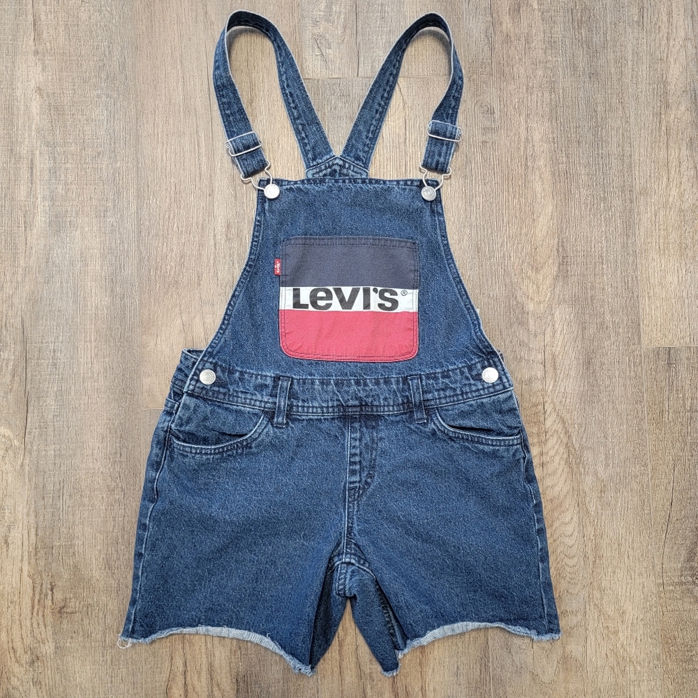 Levi's Shortalls Girl's Sz 14 Dark Wash Blue Denim Bib Overalls Spellout Logo